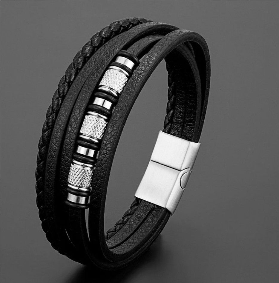 „Noir Steel Silver“ - Lederlook Armband
