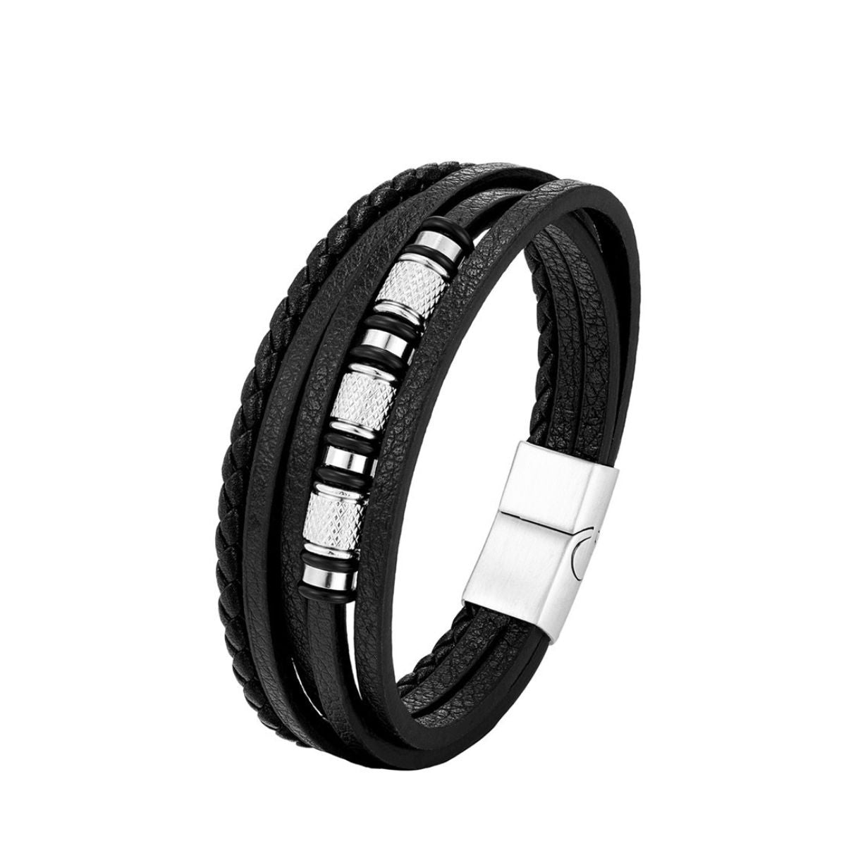 „Noir Steel Silver“ - Lederlook Armband