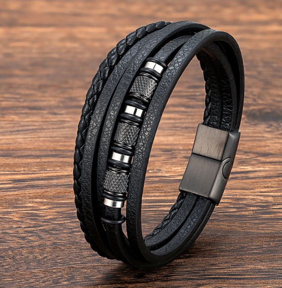 „Noir Steel Black“ - Lederlook Armband